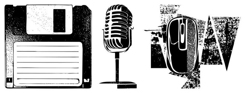 Retro tech symbols including floppy disk, vintage microphone, and computer mouse rendered in halftone, stylized vector graphic for digital nostalgia.