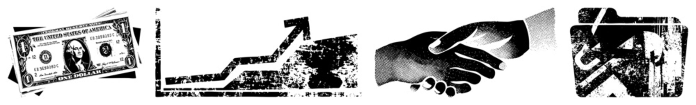 Dollar bill, rising chart, handshake, folder representing finance, growth, partnership, and organization. Minimalist black and white vector symbols for digital use.