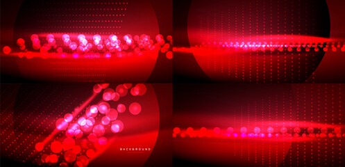 Fototapeta premium Four red backgrounds display glowing circles, dots. Abstract design suggests digital connections, energy flow. Dark backdrop enhances vibrant illumination.