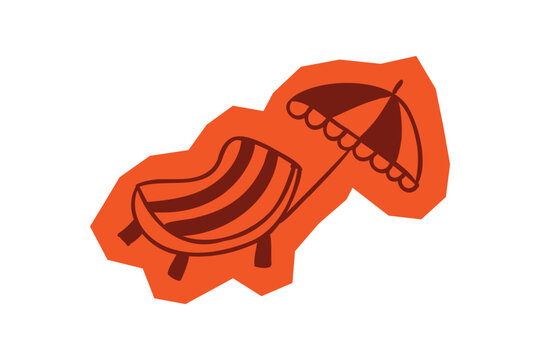 Hand drawn deck chair and beach umbrella icon on orange sticker border for Scrapbook and Journal. Vector illustration design.