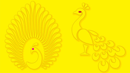 Fototapeta premium Elegant yellow peacocks with ornate feather patterns in harmonious decorative symmetry.
