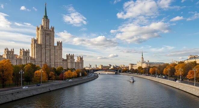 Kotelnicheskaya Embankment Building and Moskva River with Autumn Trees in Moscow