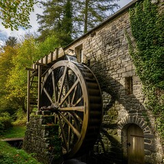 Obraz premium Old Mill House with Water Wheel in Rural Setting.