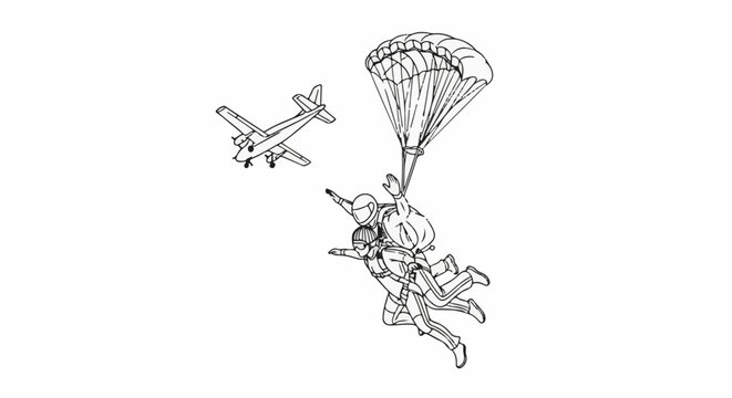 Two skydivers jump from a small plane, one under a parachute