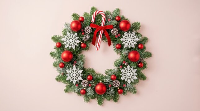 Festive Christmas Evergreen Wreath Adorned with Red Ornaments Snowflakes and Candy Cane