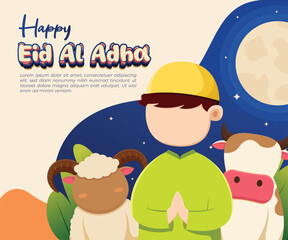 Naklejka premium Happy Eid Al Adha Celebration Illustration with Boy, Sheep, and Cow