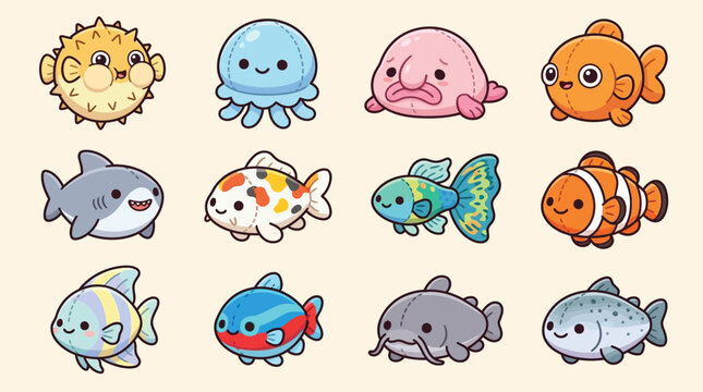 A charming collection of twelve adorable, cartoon-style aquatic creatures, each with a unique and friendly expression, presented on a soft, light-colored background.