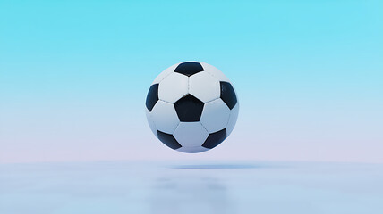 Naklejka premium Black and white soccer ball floating in center of clear blue sky background with soft pastel gradients and reflection on floor surface for minimal sports equipment design concept