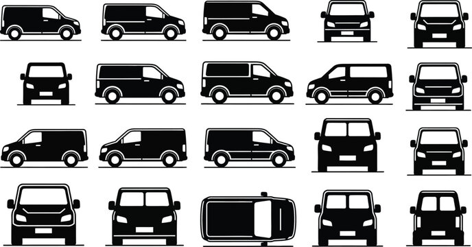 Commercial delivery van silhouette vector set in multiple views