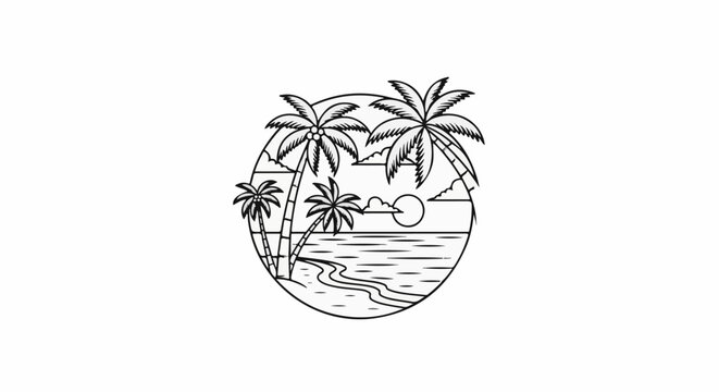 Tropical island scene with palm trees, ocean, and sunset within a circle
