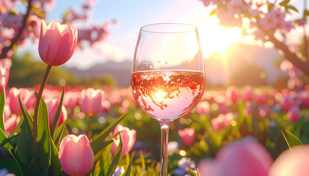 Pale pink rose wine glass surrounded by blooming cherry blossoms and tulips in bright morning light with airy joyful floral style generative AI