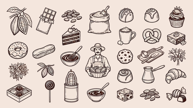 A detailed hand-drawn illustration showcasing a wide variety of sweet treats, baked goods, and chocolate-related items, including cocoa pods, pastries, cakes, cookies, and candies.