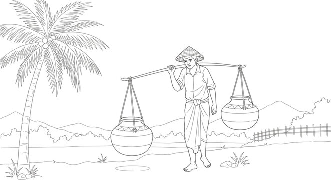 Asian Man Carrying Traditional Water Pots on Shoulder Pole in Rural Village Line Art Coloring Page