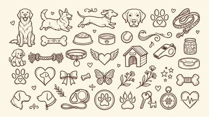 A charming collection of hand-drawn illustrations featuring various dog breeds, accessories, and symbols related to canine companionship and care. © KN collection