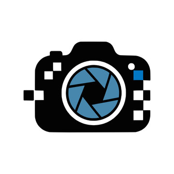 Minimalist DSLR camera logo with digital pixel motion and blue accents. Ideal vector icon for photography branding, tech media, and content creator studios.