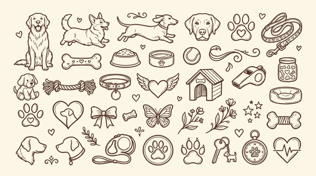 A charming collection of hand-drawn illustrations featuring various dog breeds, accessories, and symbols related to canine companionship and care.