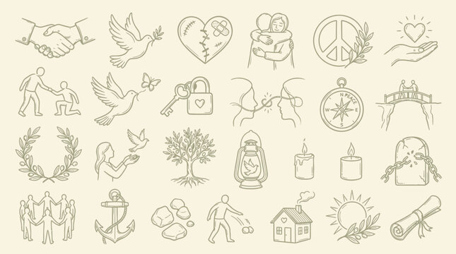 A collection of hand-drawn line art icons representing concepts of peace, love, unity, and hope, presented on a neutral background.