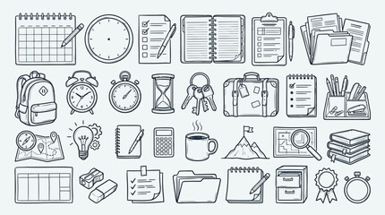 A comprehensive collection of hand-drawn icons representing various aspects of business, organization, and productivity, including calendars, clocks, stationery, and travel items. © KN collection