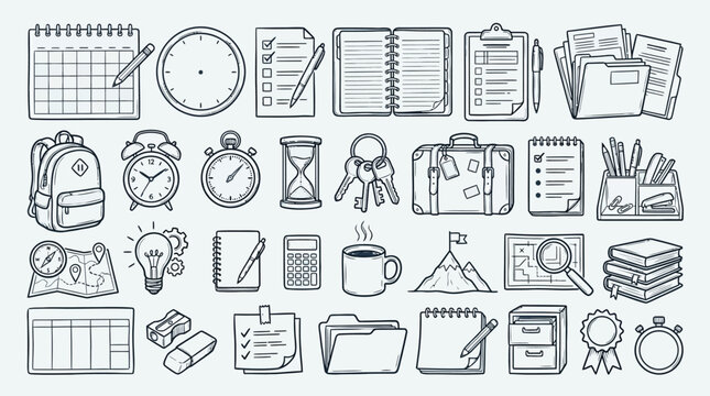 A comprehensive collection of hand-drawn icons representing various aspects of business, organization, and productivity, including calendars, clocks, stationery, and travel items.