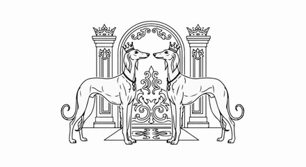 Obraz premium Two crowned greyhounds face each other before a decorative archway