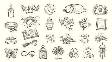 A collection of hand-drawn line art illustrations depicting symbols of remembrance, grief, and pet loss, including a candle, paw prints, moon, sleeping dog, urn, angel, rainbow, and more. © KN collection
