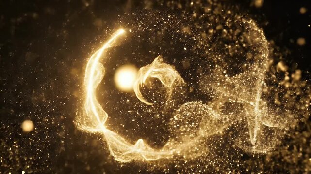 A dynamic, golden stream of shimmering particles streaks across a dark background, creating a sense of movement and ethereal beauty.
