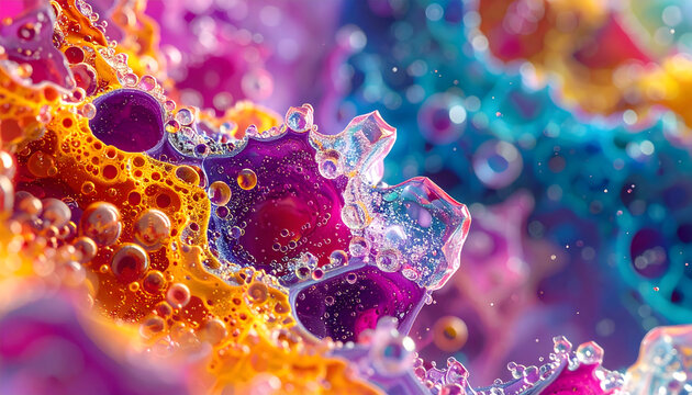 Wine under a microscope looks like a crystalline landscape of tartrates and yeast cells with vibrant colors and abstract scientific patterns generative AI