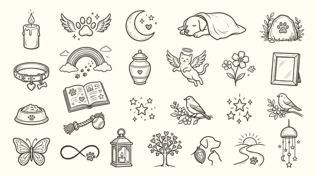 A collection of hand-drawn line art illustrations depicting symbols of remembrance, grief, and pet loss, including a candle, paw prints, moon, sleeping dog, urn, angel, rainbow, and more.