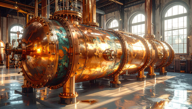 Copper distillery apparatus used for making brandy featuring metallic reflections with green patina patches and detailed vintage industrial pipes generative AI