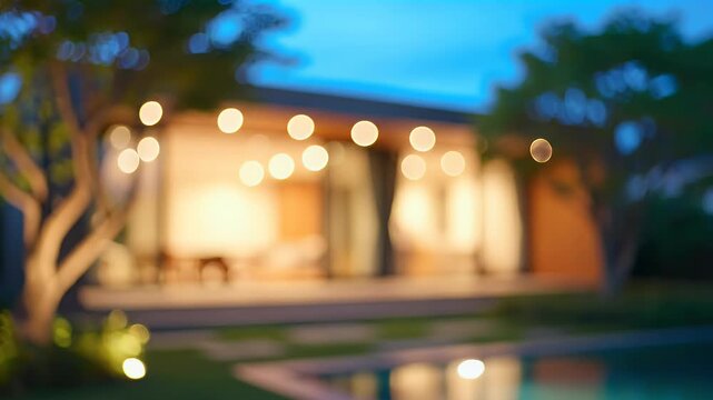 A blurred, warm-toned outdoor scene showcases a building illuminated by string lights against a backdrop of lush greenery and a twilight sky.