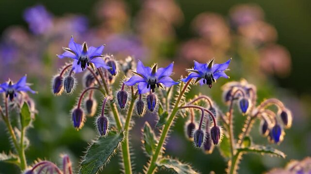 Delicate purple borage flowers in bloom, their star-shaped petals illuminated by soft sunlight