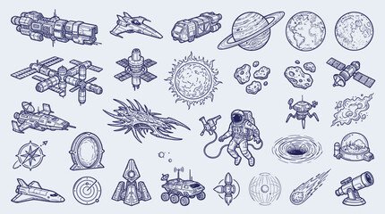 A detailed collection of hand-drawn illustrations depicting various elements of space exploration, science fiction, and astronomy, including spacecraft, planets, celestial bodies, and astronauts. © KN collection