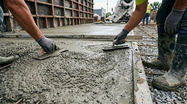 Construction Workers Smoothing Wet Concrete Slab on a Building Site