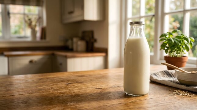 Fresh milk in glass bottle on rustic kitchen counter with warm sunlight of healthy breakfast nutrition and farm to table lifestyle