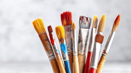 Fototapeta premium Set of Watercolor Paint Brushes with Stained Bristles on Gray Background
