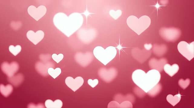 A romantic background features numerous white hearts floating against a vibrant red gradient, accented by sparkling light effects.