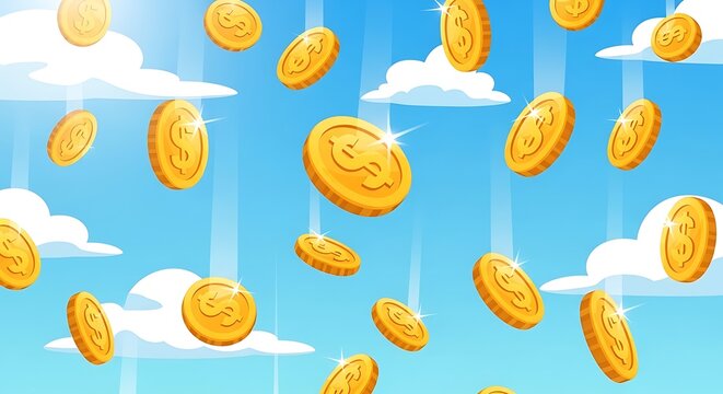 Golden coins falling from sky.