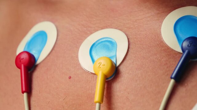 Close up of electrodes of Holter monitor on the body, a portable device that continuously records the heart's electrical activity, electrocardiogram, for 24 hours.