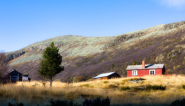 Old Agricultural Buildings near Tangane and Helin Lake in Vang Municipality, Norway, at the Foot of Mount Gilafjellet