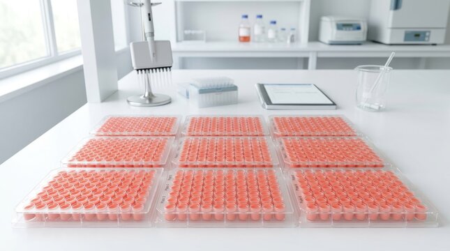 Assorted laboratory wells filled with opaque salmon liquid and scientific equipment on a clean white bench