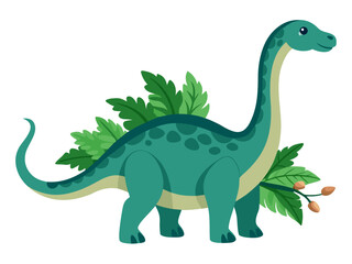 Naklejka premium Green sauropod dinosaur standing with leaves on white background