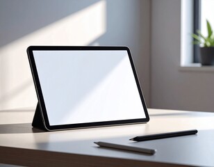 Fototapeta premium A tablet computer with a blank screen placed on a table in a modern workspace with other digital devices nearby