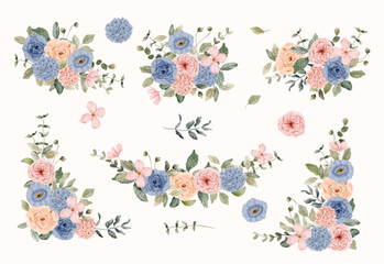 Naklejka premium pink blue floral watercolor arrangement collection