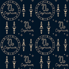 Seamless design showcasing Capricorn zodiac symbols, astrological elements, and celestial motifs on a dark background, suitable for various decorative applications