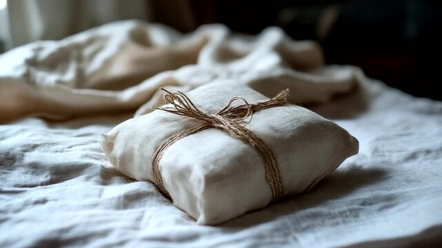A beautifully wrapped gift in natural fabric placed on a soft linen surface, evoking warmth