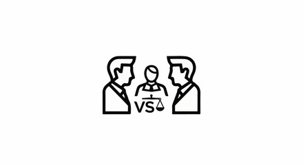 Fototapeta premium Two figures face each other across a judicial figure with scales of justice