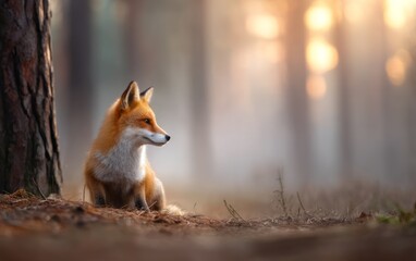 Fototapeta premium Red Fox Sitting Quietly at the Edge of a Misty Forest at Sunrise