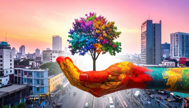 Colorful hand holding vibrant tree against cityscape and sunset sky