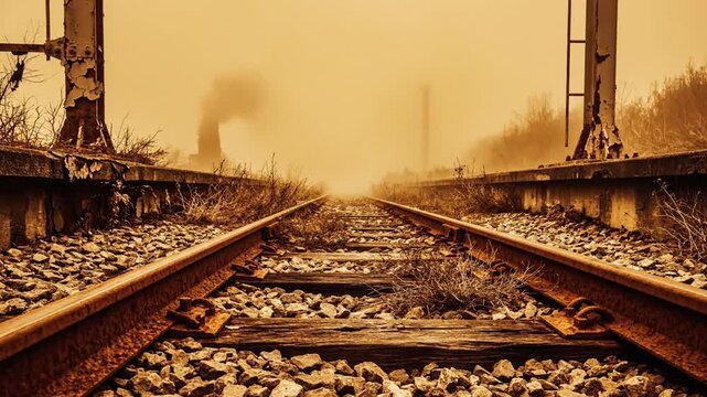 Abandoned Railroad Tracks Disappearing Into Thick Ochre Fog With Distant Steam