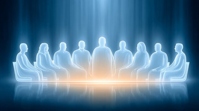 Ethereal digital illustration of a council of luminous souls gathering in a transcendent blue dimension, listening to a central guide. Metaphysical concept of collective consciousness.